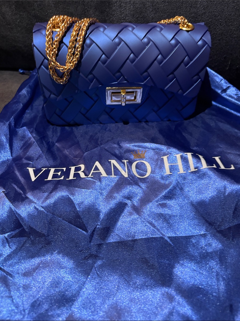 Navy Woven Crossbody Bag with Gold Chain